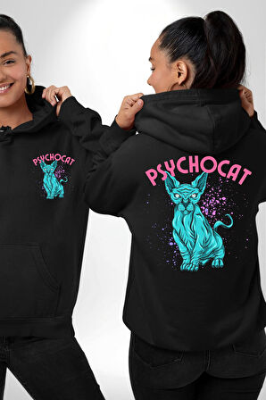 Mavi Uzaylı Sinirli Sfenks Kedisi Erkek Kadın Siyah Ön Sırt Baskılı Kapüşonlu Sweatshirt Hoodie