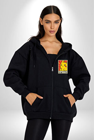 Pikachu Karikatür Enerjik Tasarım Erkek Kadın Siyah Fermuarlı Baskılı Hırka Sweatshirt