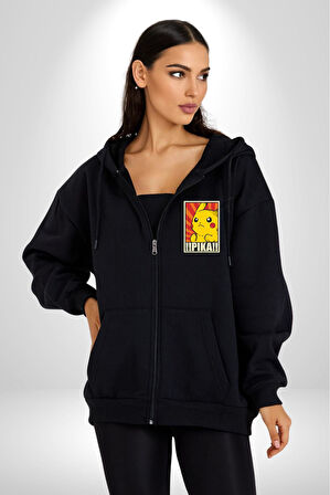 Pikachu Karikatür Enerjik Tasarım Erkek Kadın Siyah Fermuarlı Baskılı Hırka Sweatshirt