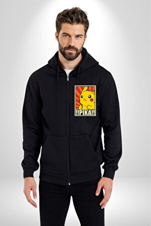 Pikachu Karikatür Enerjik Tasarım Erkek Kadın Siyah Fermuarlı Baskılı Hırka Sweatshirt