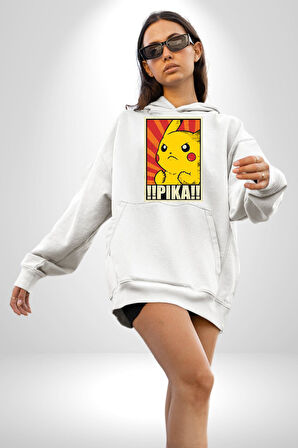 Pikachu Karikatür Enerjik Tasarım Erkek Kadın Beyaz Dijital Baskılı Kapüşonlu Sweatshirt Hoodie