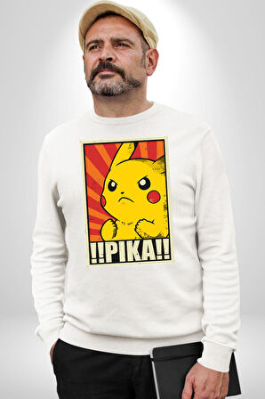 Pikachu Karikatür Enerjik Tasarım Erkek Kadın Unisex Dijital Baskılı Beyaz Sweatshirt