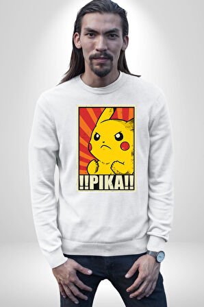 Pikachu Karikatür Enerjik Tasarım Erkek Kadın Unisex Dijital Baskılı Beyaz Sweatshirt