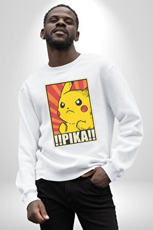 Pikachu Karikatür Enerjik Tasarım Erkek Kadın Unisex Dijital Baskılı Beyaz Sweatshirt