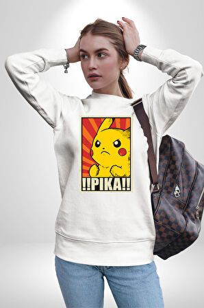 Pikachu Karikatür Enerjik Tasarım Erkek Kadın Unisex Dijital Baskılı Beyaz Sweatshirt
