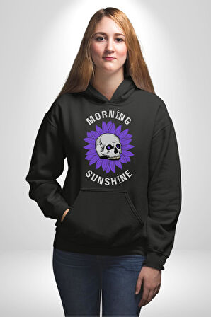 Polen Kafatası Mor Çiçek  Erkek Kadın Siyah Dijital Baskılı Kapüşonlu Sweatshirt Hoodie