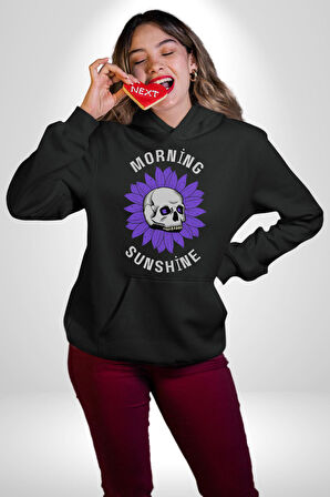 Polen Kafatası Mor Çiçek  Erkek Kadın Siyah Dijital Baskılı Kapüşonlu Sweatshirt Hoodie