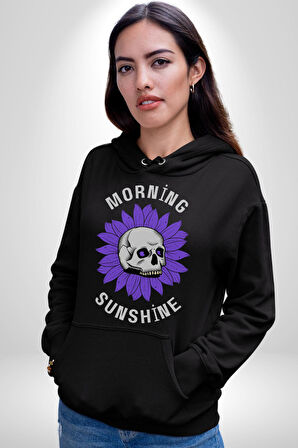 Polen Kafatası Mor Çiçek  Erkek Kadın Siyah Dijital Baskılı Kapüşonlu Sweatshirt Hoodie