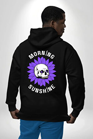 Polen Kafatası Mor Çiçek  Erkek Kadın Siyah Ön Sırt Baskılı Kapüşonlu Sweatshirt Hoodie