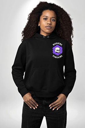 Polen Kafatası Mor Çiçek  Erkek Kadın Siyah Ön Sırt Baskılı Kapüşonlu Sweatshirt Hoodie