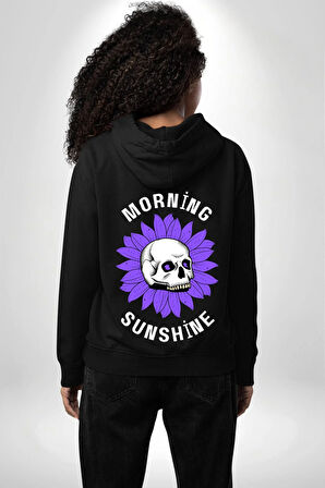 Polen Kafatası Mor Çiçek  Erkek Kadın Siyah Ön Sırt Baskılı Kapüşonlu Sweatshirt Hoodie