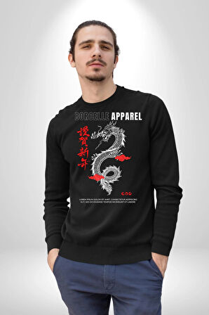 Çin Sitili Ejderha Bereket Tanrısı Erkek Kadın Unisex Dijital Baskılı Siyah Sweatshirt