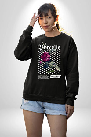 Kırmızı Gül Sokak Style Erkek Kadın Unisex Dijital Baskılı Siyah Sweatshirt