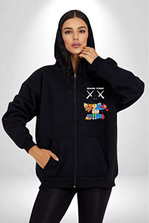 Sesame Street Kaws Karikatür Tasarımı Erkek Kadın Siyah Fermuarlı Baskılı Hırka Sweatshirt