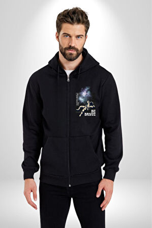 Astronot Cesur Ol Erkek Kadın Siyah Fermuarlı Baskılı Hırka Sweatshirt