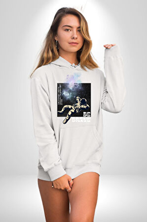 Astronot Cesur Ol Erkek Kadın Beyaz Dijital Baskılı Kapüşonlu Sweatshirt Hoodie