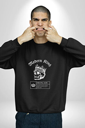 Çağdaş Yüzük Kurukafa Kral Erkek Kadın Unisex Dijital Baskılı Siyah Sweatshirt