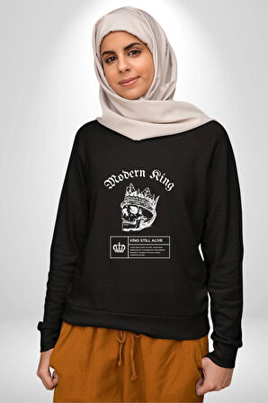 Çağdaş Yüzük Kurukafa Kral Erkek Kadın Unisex Dijital Baskılı Siyah Sweatshirt