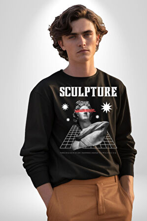 Michelagelo Modern Apollo Heykel Sokak Style Erkek Kadın Unisex Dijital Baskılı Siyah Sweatshirt