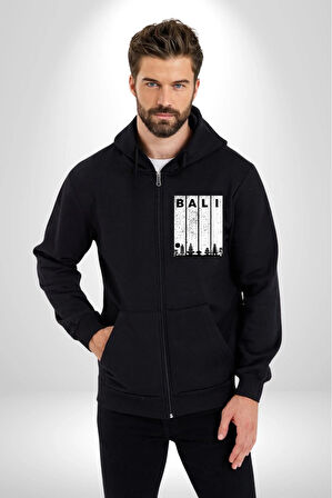 Bali Endonezya Erkek Kadın Siyah Fermuarlı Baskılı Hırka Sweatshirt