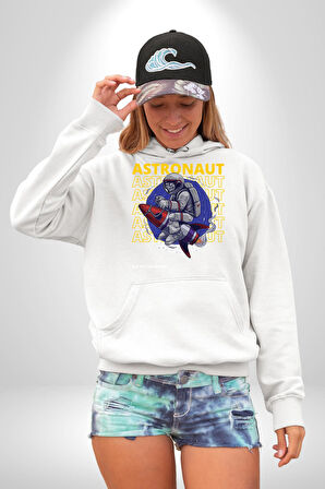 Roket Ata Binen Astronot Erkek Kadın Beyaz Dijital Baskılı Kapüşonlu Sweatshirt Hoodie