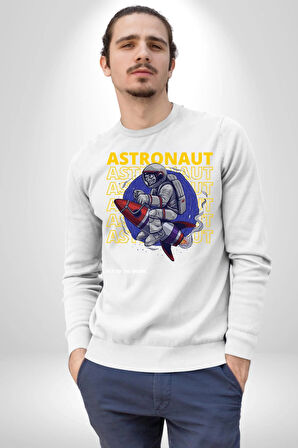 Roket Ata Binen Astronot Erkek Kadın Unisex Dijital Baskılı Beyaz Sweatshirt