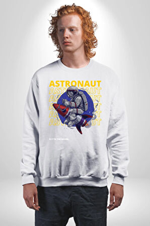 Roket Ata Binen Astronot Erkek Kadın Unisex Dijital Baskılı Beyaz Sweatshirt