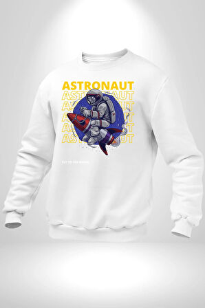 Roket Ata Binen Astronot Erkek Kadın Unisex Dijital Baskılı Beyaz Sweatshirt