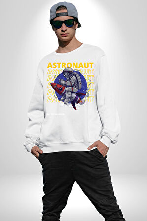 Roket Ata Binen Astronot Erkek Kadın Unisex Dijital Baskılı Beyaz Sweatshirt