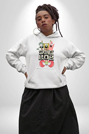 SpongeBob Karepantolon Karikatür Tasarımı Erkek Kadın Beyaz Dijital Baskılı Kapüşonlu Sweatshirt Hoodie