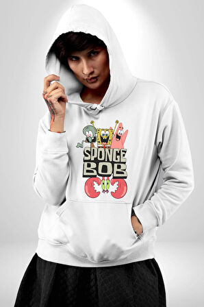 SpongeBob Karepantolon Karikatür Tasarımı Erkek Kadın Beyaz Dijital Baskılı Kapüşonlu Sweatshirt Hoodie