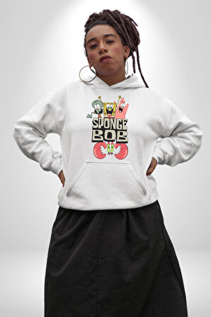 SpongeBob Karepantolon Karikatür Tasarımı Erkek Kadın Beyaz Dijital Baskılı Kapüşonlu Sweatshirt Hoodie