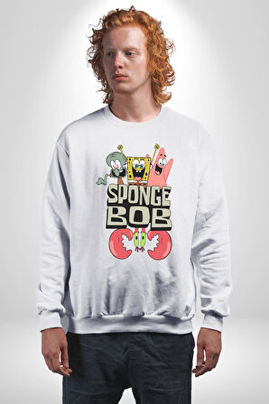 SpongeBob Karepantolon Karikatür Tasarımı Erkek Kadın Unisex Dijital Baskılı Beyaz Sweatshirt