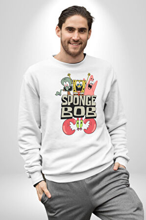 SpongeBob Karepantolon Karikatür Tasarımı Erkek Kadın Unisex Dijital Baskılı Beyaz Sweatshirt