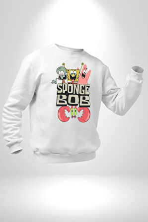 SpongeBob Karepantolon Karikatür Tasarımı Erkek Kadın Unisex Dijital Baskılı Beyaz Sweatshirt