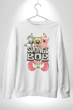 SpongeBob Karepantolon Karikatür Tasarımı Erkek Kadın Unisex Dijital Baskılı Beyaz Sweatshirt