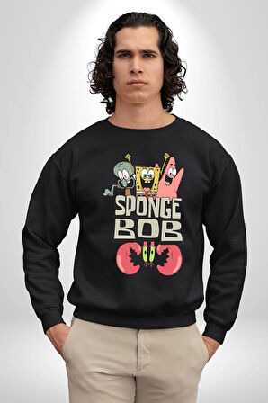 SpongeBob Karepantolon Karikatür Tasarımı Erkek Kadın Unisex Dijital Baskılı Siyah Sweatshirt