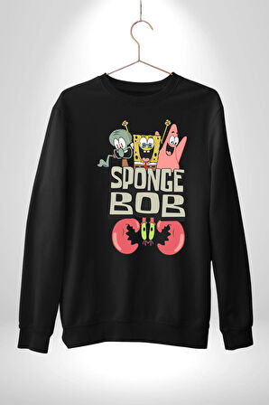 SpongeBob Karepantolon Karikatür Tasarımı Erkek Kadın Unisex Dijital Baskılı Siyah Sweatshirt