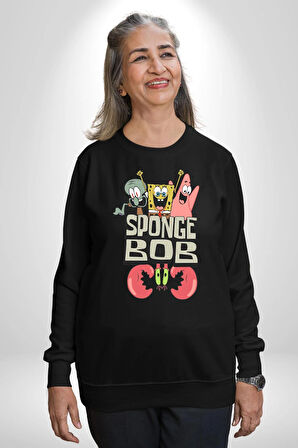 SpongeBob Karepantolon Karikatür Tasarımı Erkek Kadın Unisex Dijital Baskılı Siyah Sweatshirt