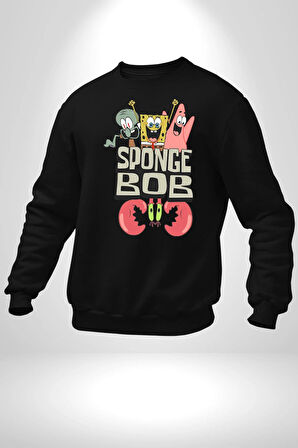 SpongeBob Karepantolon Karikatür Tasarımı Erkek Kadın Unisex Dijital Baskılı Siyah Sweatshirt
