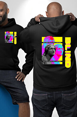 Heykel Anlamadığınız Şeyden Nefret Etmeyin Erkek Kadın Siyah Ön Sırt Baskılı Kapüşonlu Sweatshirt Hoodie