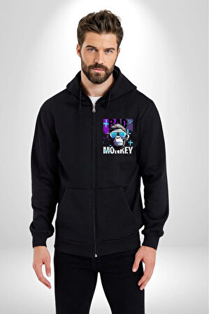 Kötü Maymun Güneş Gözlüklü Erkek Kadın Siyah Fermuarlı Baskılı Hırka Sweatshirt
