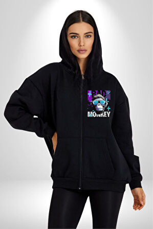 Kötü Maymun Güneş Gözlüklü Erkek Kadın Siyah Fermuarlı Baskılı Hırka Sweatshirt