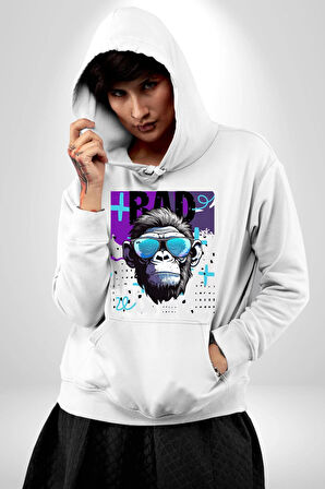 Kötü Maymun Güneş Gözlüklü Erkek Kadın Beyaz Dijital Baskılı Kapüşonlu Sweatshirt Hoodie