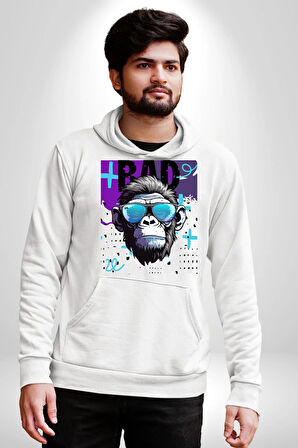 Kötü Maymun Güneş Gözlüklü Erkek Kadın Beyaz Dijital Baskılı Kapüşonlu Sweatshirt Hoodie