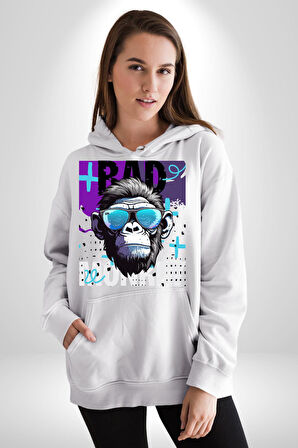 Kötü Maymun Güneş Gözlüklü Erkek Kadın Beyaz Dijital Baskılı Kapüşonlu Sweatshirt Hoodie