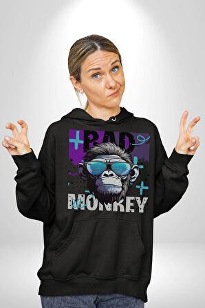 Kötü Maymun Güneş Gözlüklü Erkek Kadın Siyah Dijital Baskılı Kapüşonlu Sweatshirt Hoodie