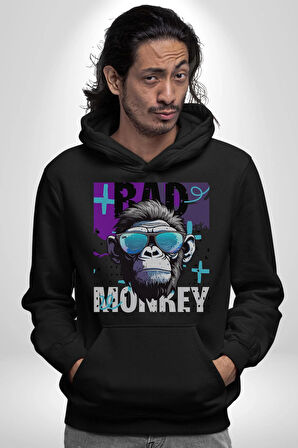 Kötü Maymun Güneş Gözlüklü Erkek Kadın Siyah Dijital Baskılı Kapüşonlu Sweatshirt Hoodie