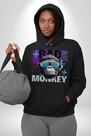 Kötü Maymun Güneş Gözlüklü Erkek Kadın Siyah Dijital Baskılı Kapüşonlu Sweatshirt Hoodie