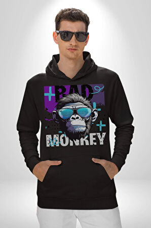 Kötü Maymun Güneş Gözlüklü Erkek Kadın Siyah Dijital Baskılı Kapüşonlu Sweatshirt Hoodie